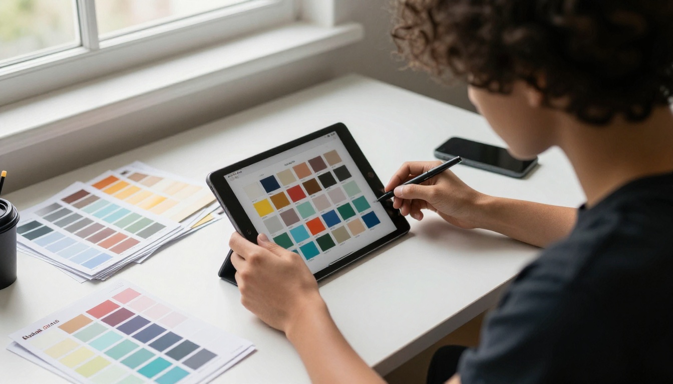 A designer customizing brand colors on a tablet with swatches on the desk A designer customizing brand colors on a tablet with swatches on the desk