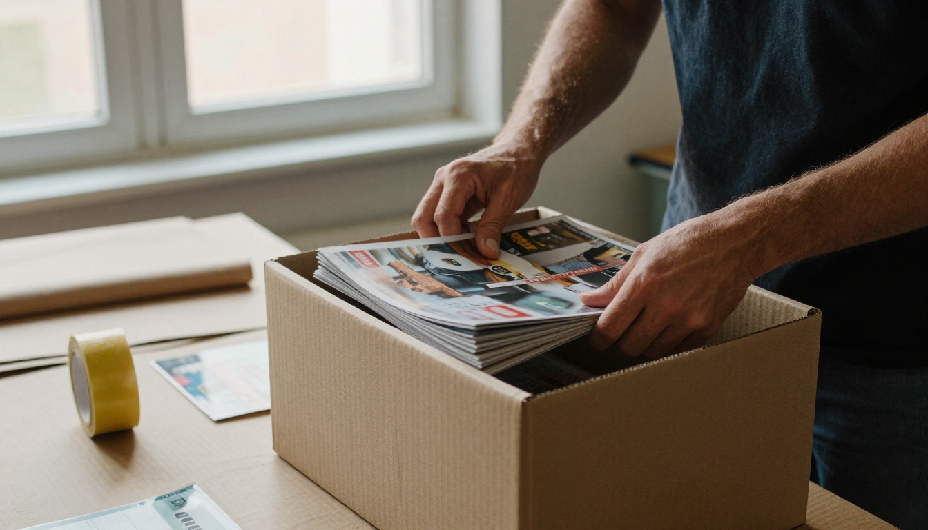 Small business owner packing printed magazines into a shipping box