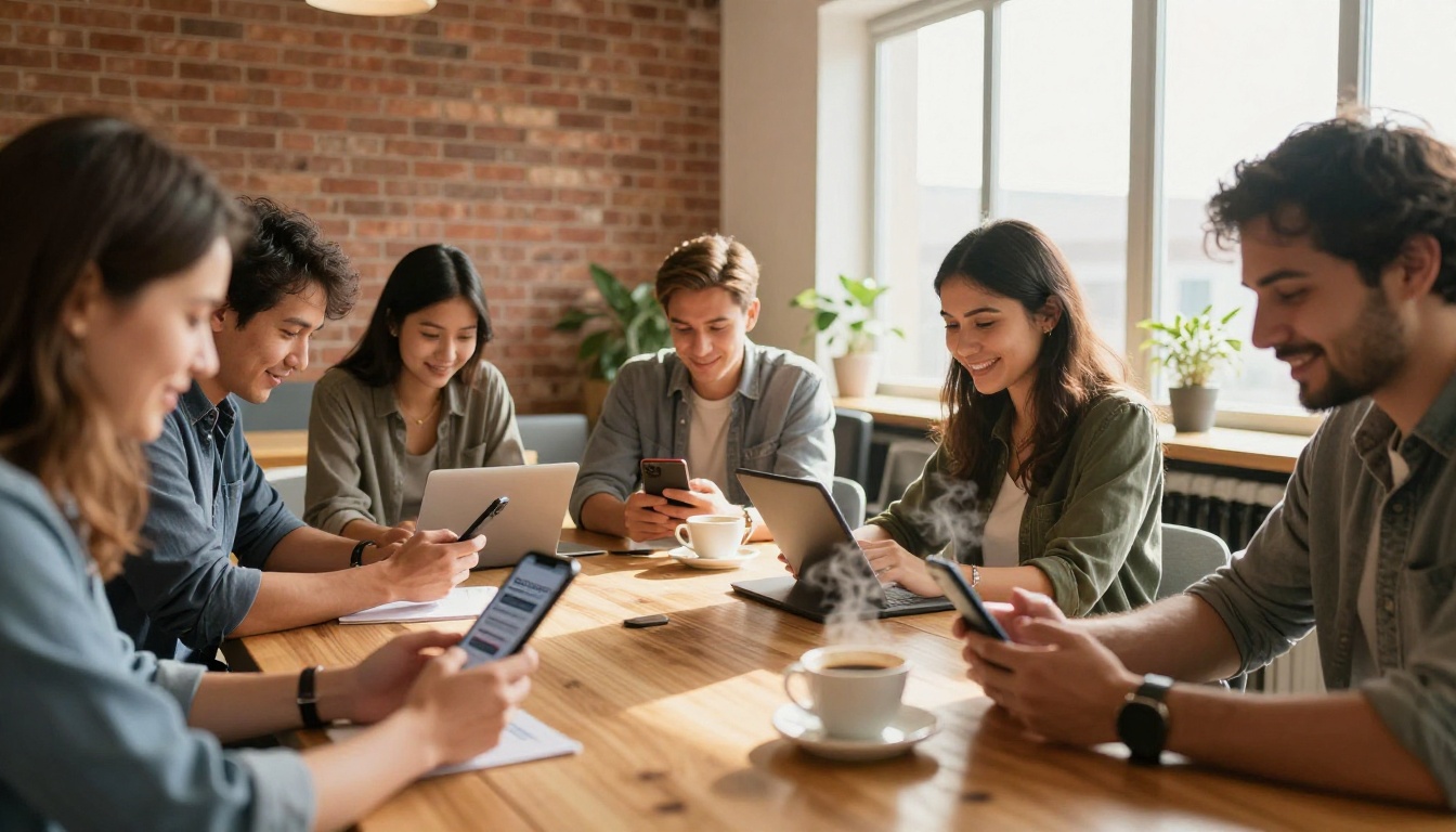 Employees in a break room reading a digital newsletter on phones and tablets Employees in a break room reading a digital newsletter on phones and tablets