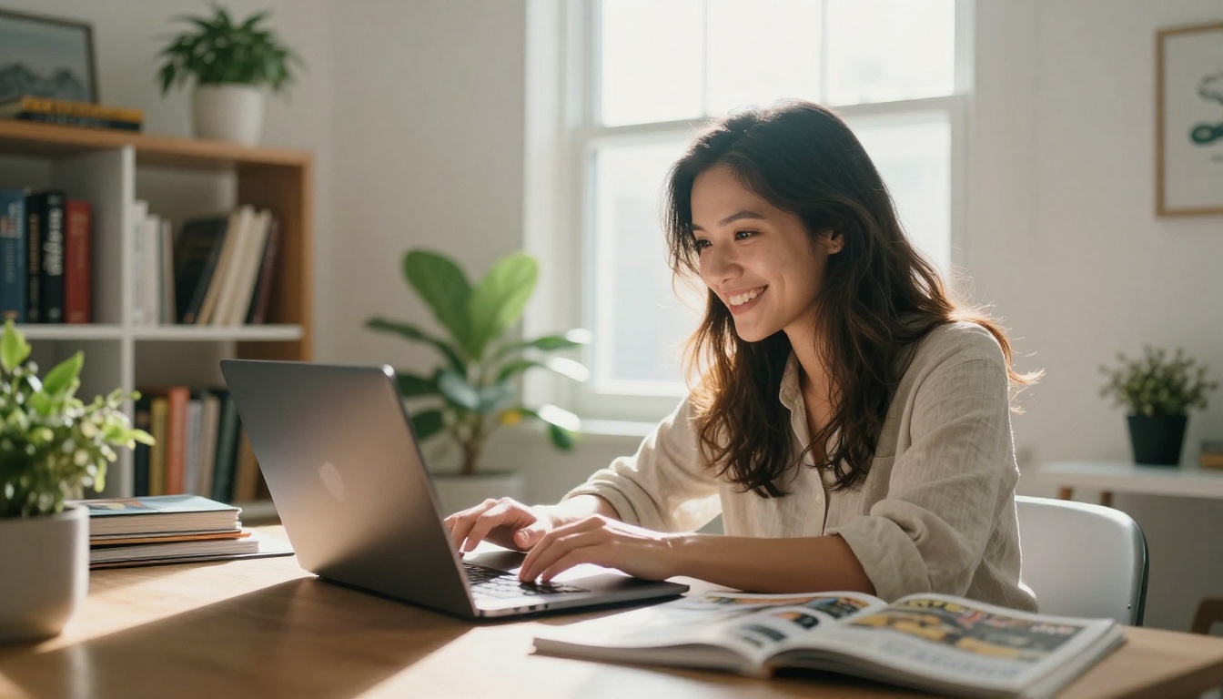 Publisher smiling at a laptop after finishing an issue