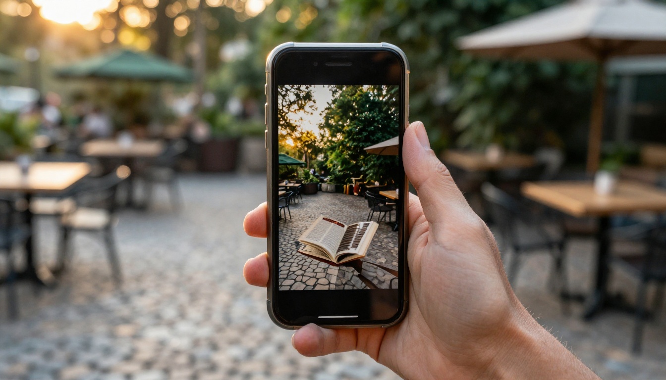 Smartphone showing a flipbook page mid-turn on a cafe terrace Smartphone showing a flipbook page mid-turn on a cafe terrace