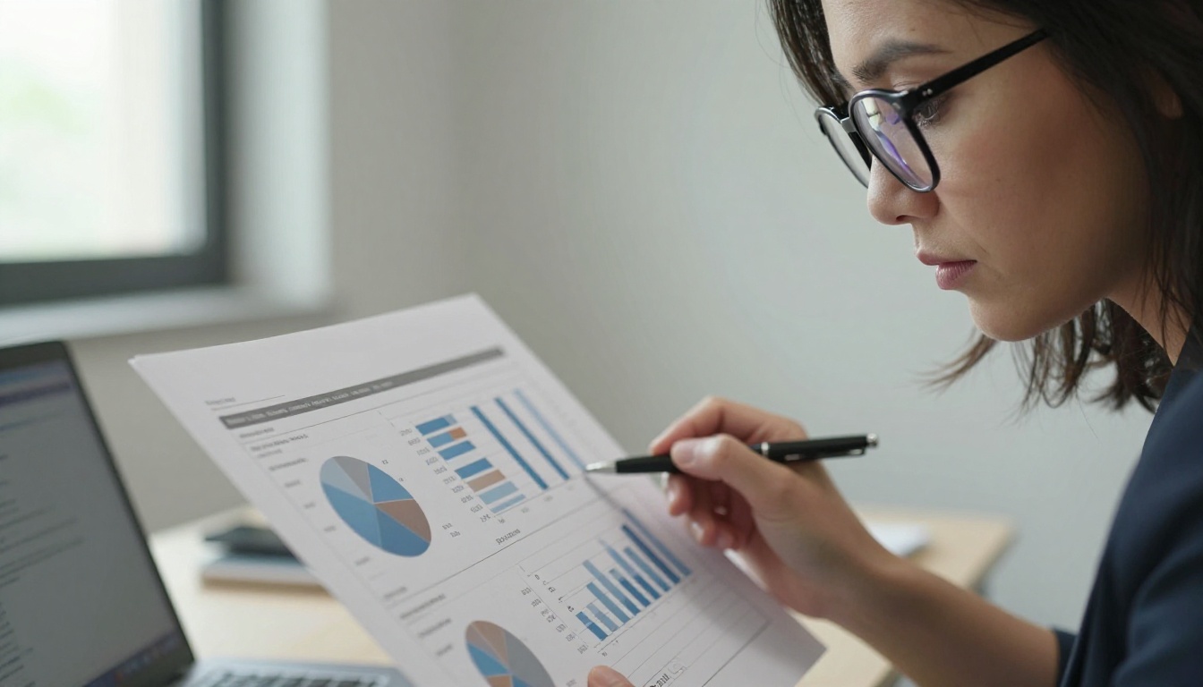 A marketing manager reviewing analytics charts on paper and a laptop A marketing manager reviewing analytics charts on paper and a laptop