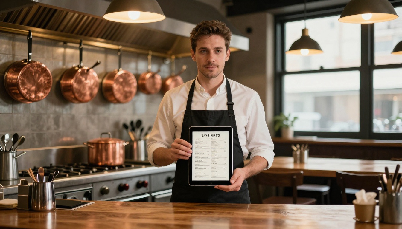 Restaurant owner holding a tablet with a menu spread Restaurant owner holding a tablet with a menu spread