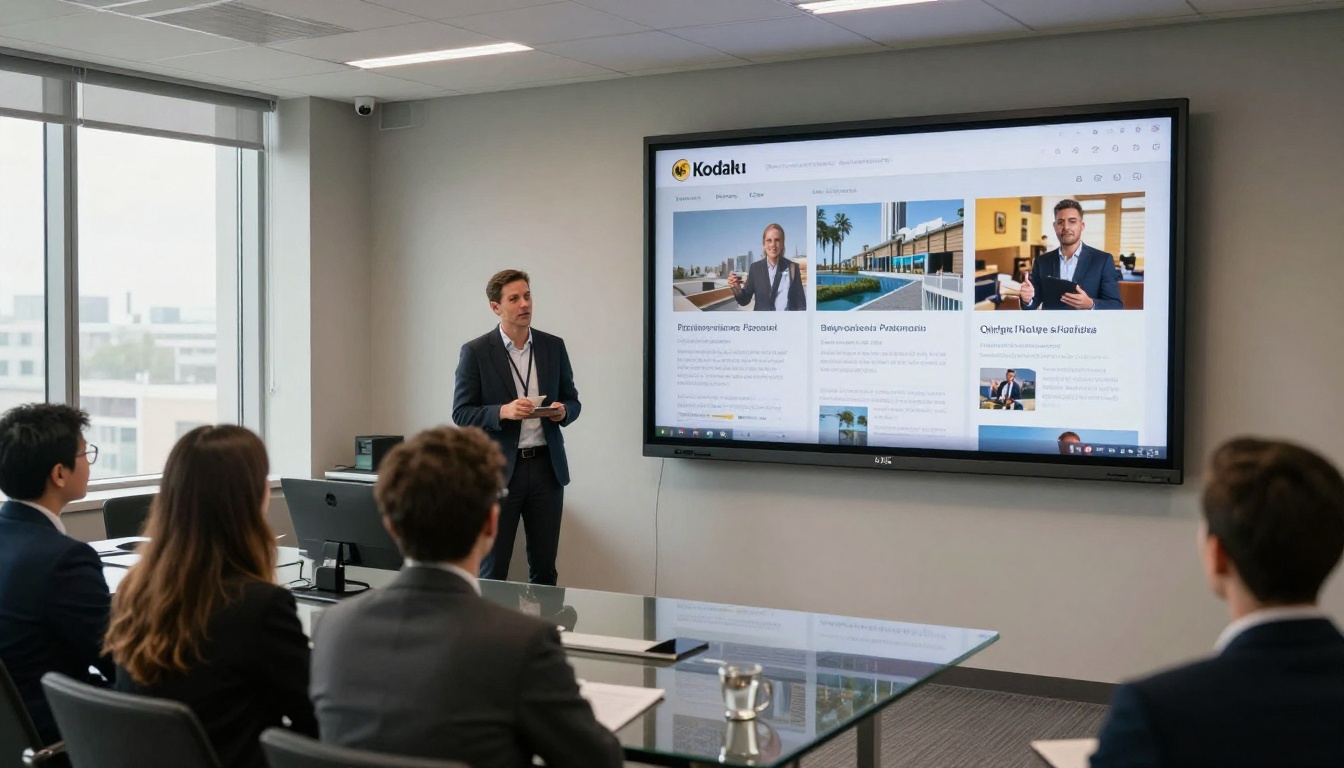 An HR manager presenting a digital newsletter on a wall screen to a team An HR manager presenting a digital newsletter on a wall screen to a team