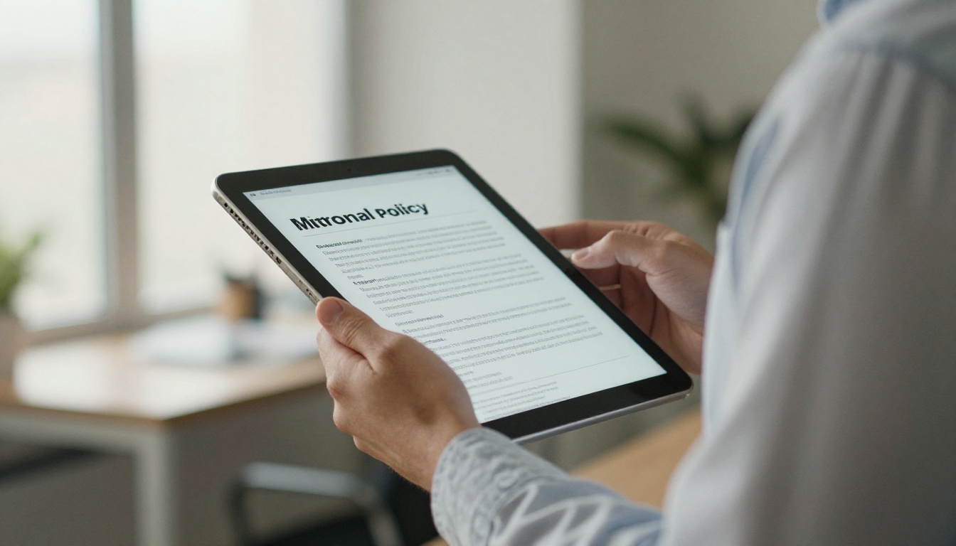 Employee reading an internal policy handbook on a tablet at a standing desk
