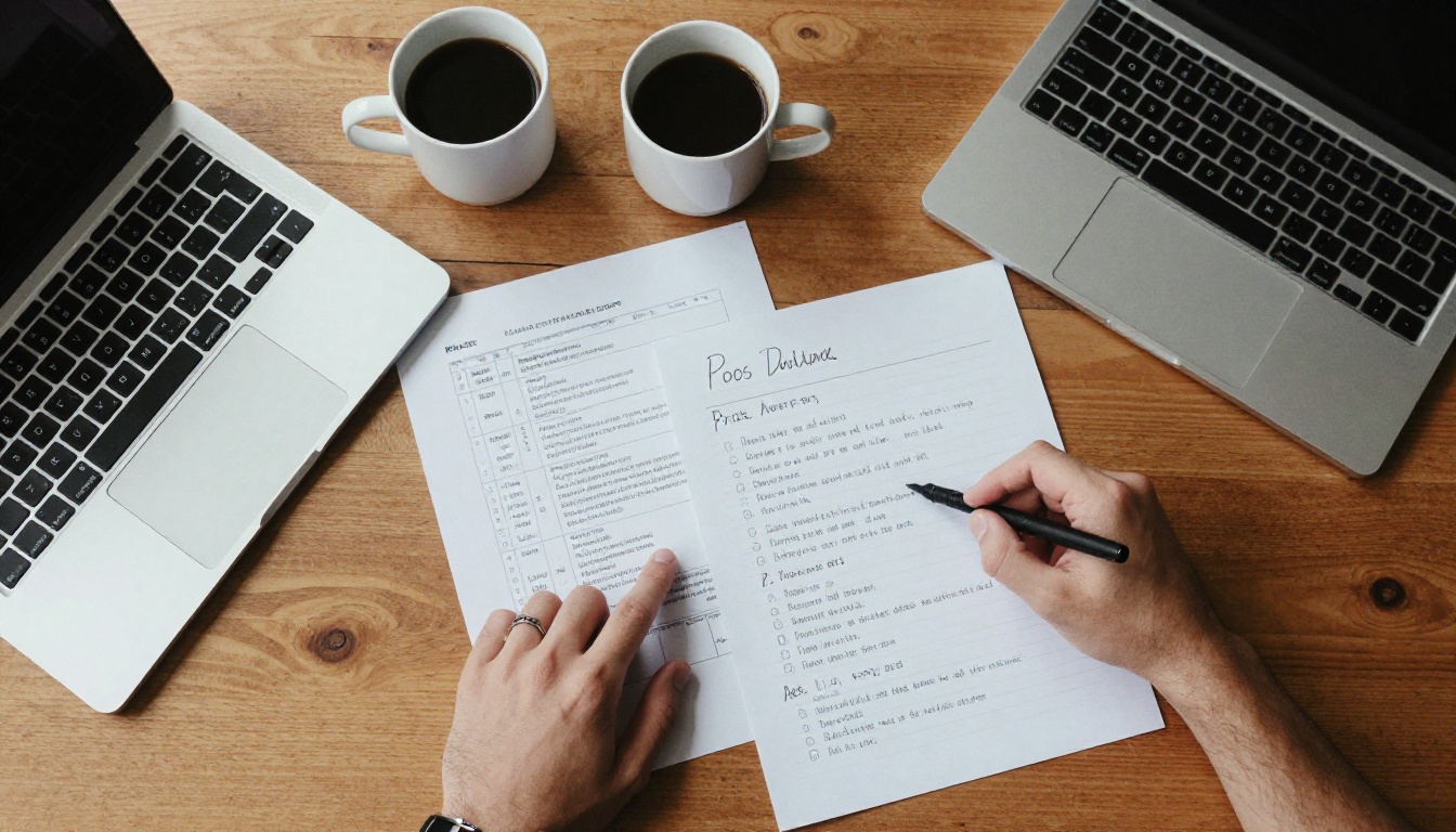 Aerial view of a desk with comparison charts, laptop and coffee