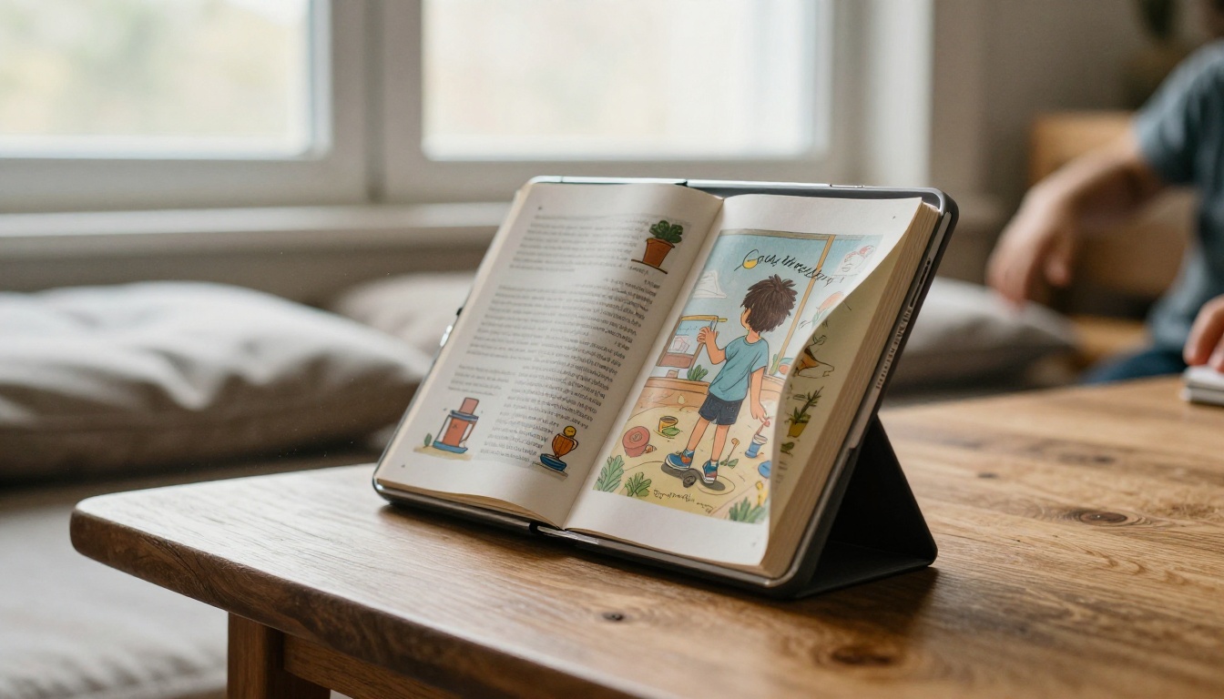 Tablet showing a full-bleed illustrated spread with a page curling
