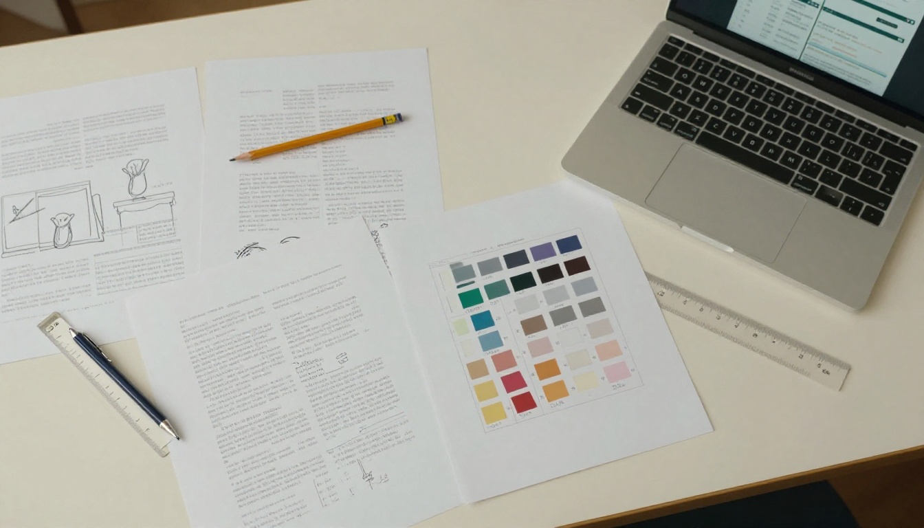 Designer desk with printed proofs and color swatches