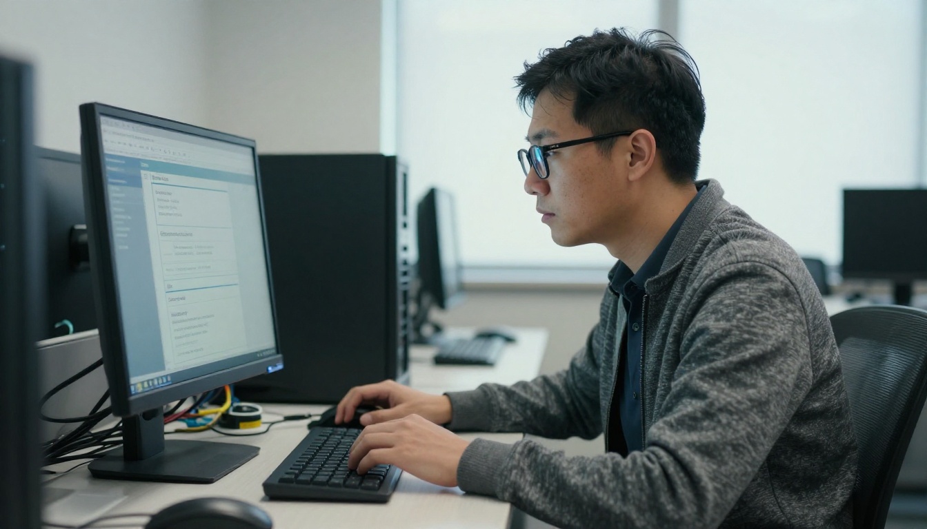IT administrator checking document access permissions on a monitor