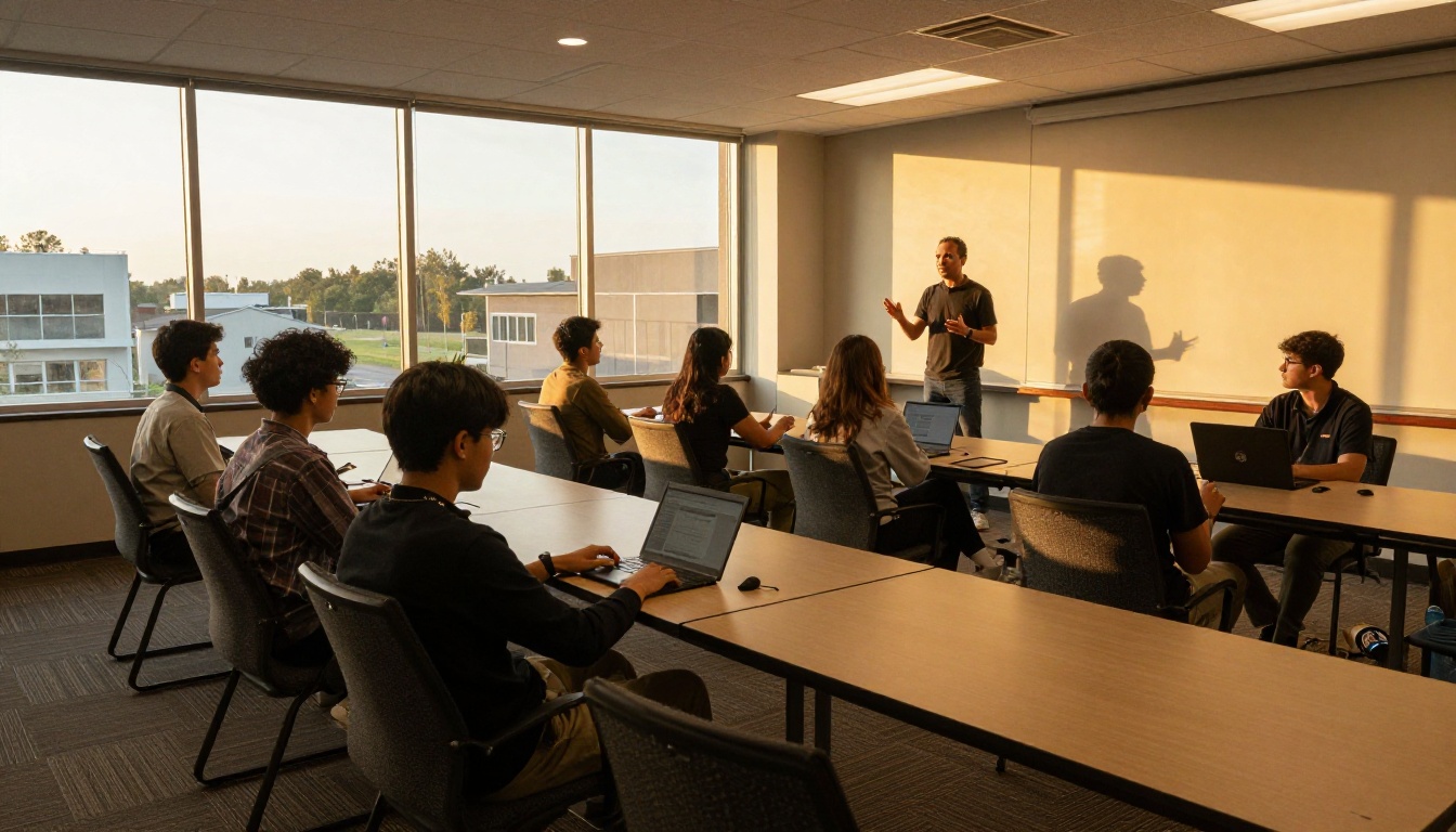 New hires in a training room with tablets and laptops