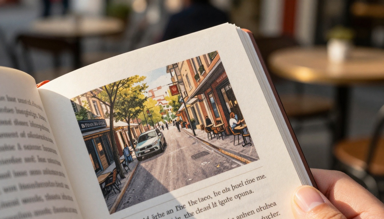 Smartphone displaying a zoomed illustrated page at a cafe