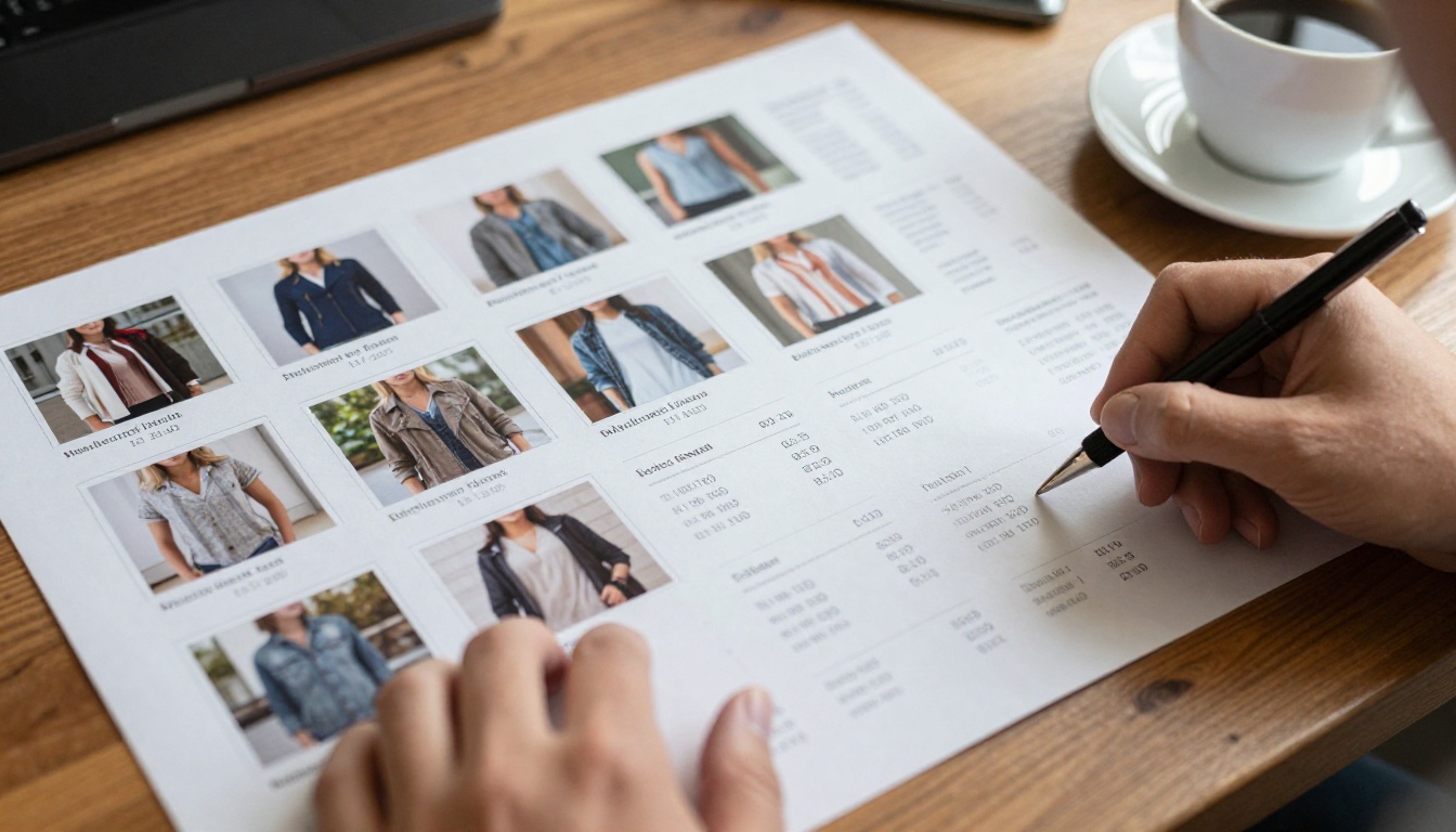 Close-up of a wholesale line sheet with garment thumbnails and price columns Close-up of a wholesale line sheet with garment thumbnails and price columns