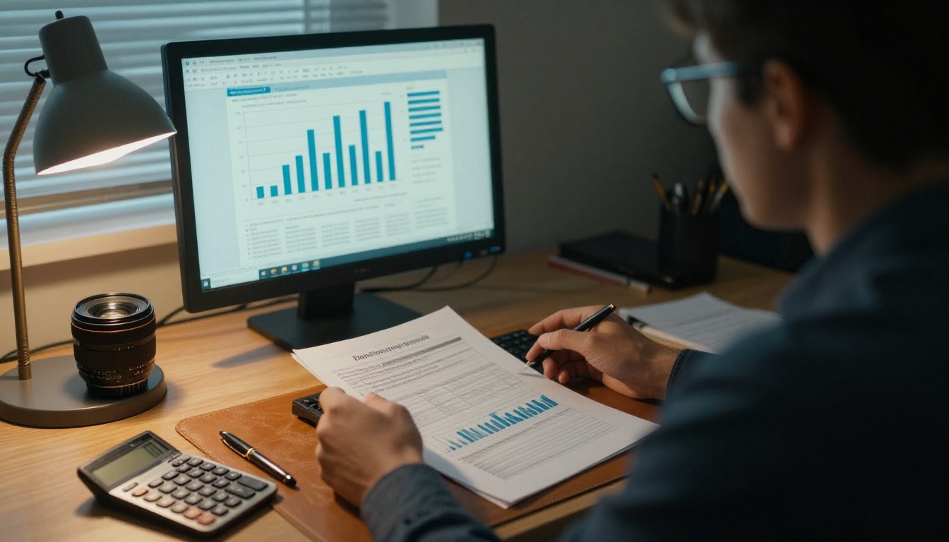 Finance manager reviewing a quarterly report on a monitor