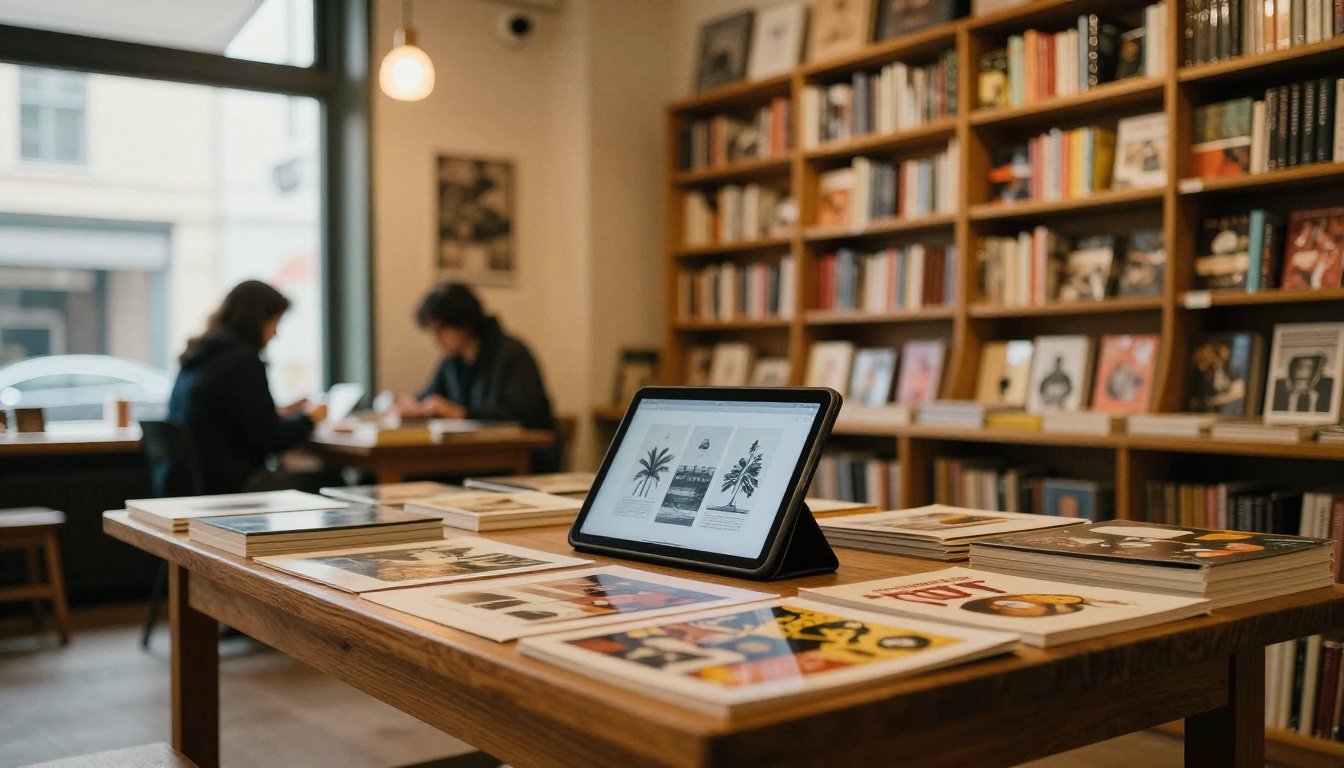 Independent bookstore table with art books and a tablet