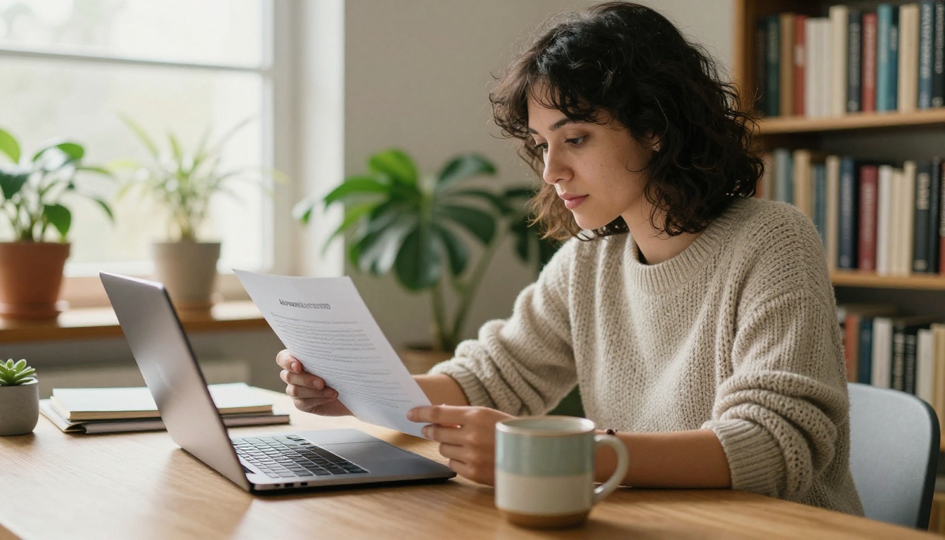 Remote employee reading a company document on a laptop at home