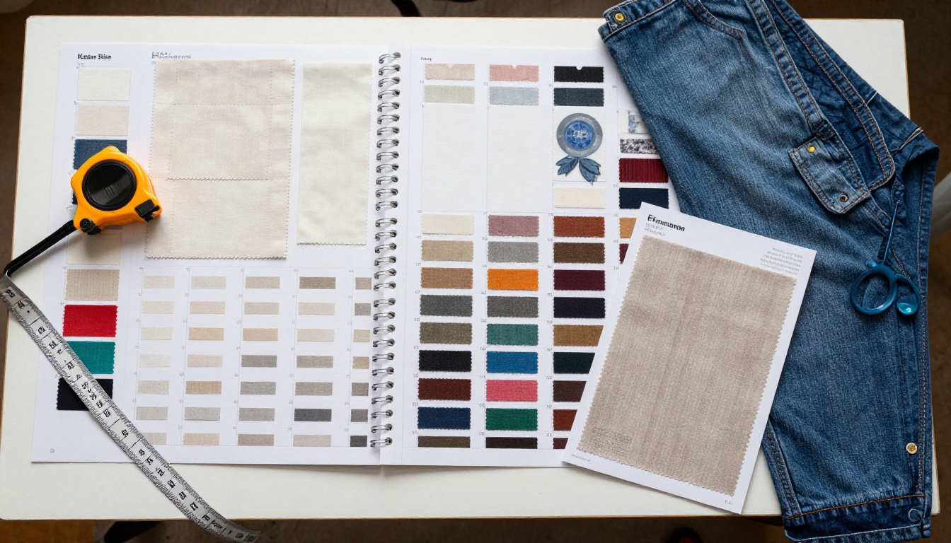 Aerial view of a product catalog with fabric swatches and color chips on a studio table Aerial view of a product catalog with fabric swatches and color chips on a studio table