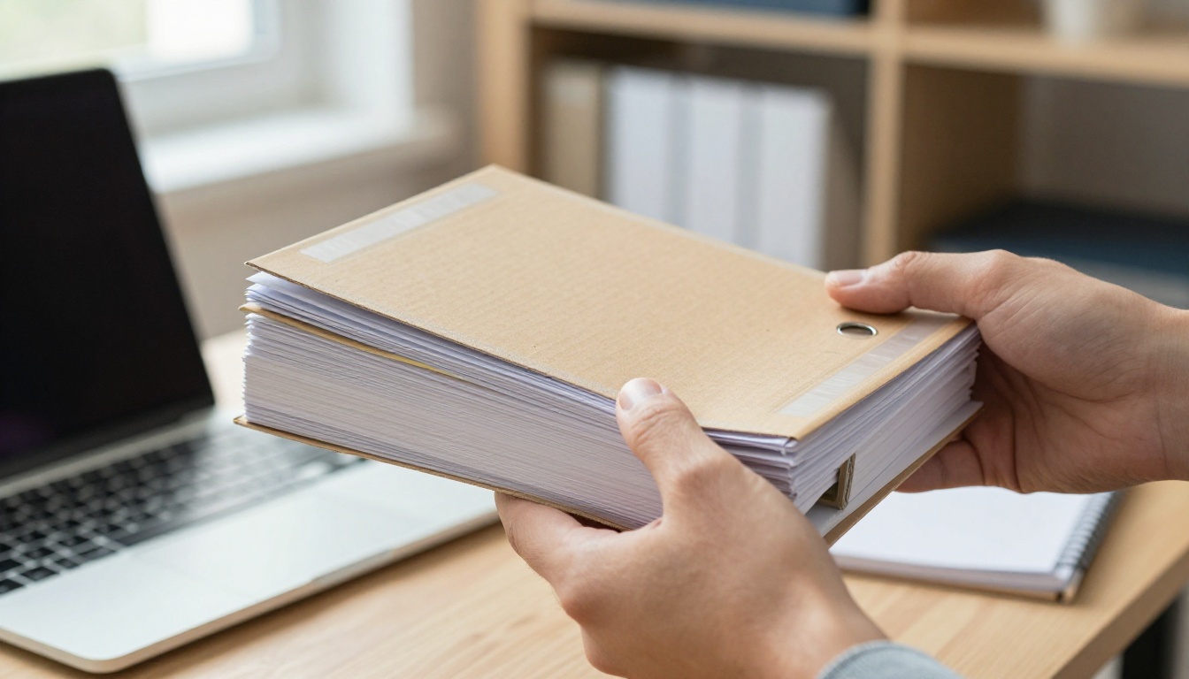 Two people handing over paper binders next to an open laptop