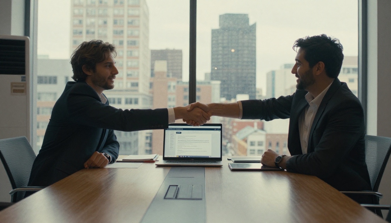 Business owner and operations lead shaking hands after choosing a software tool