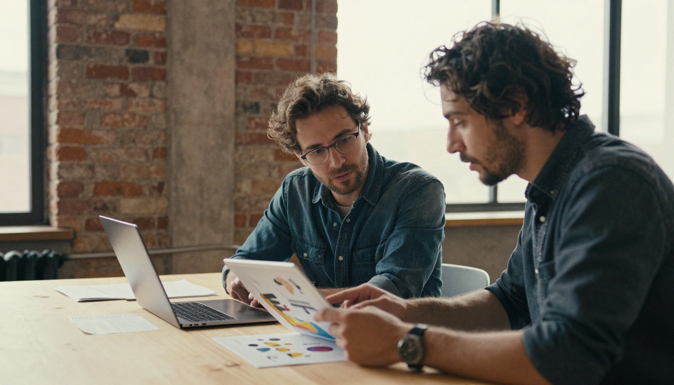 Colleagues reviewing an illustrated page on a tablet and laptop