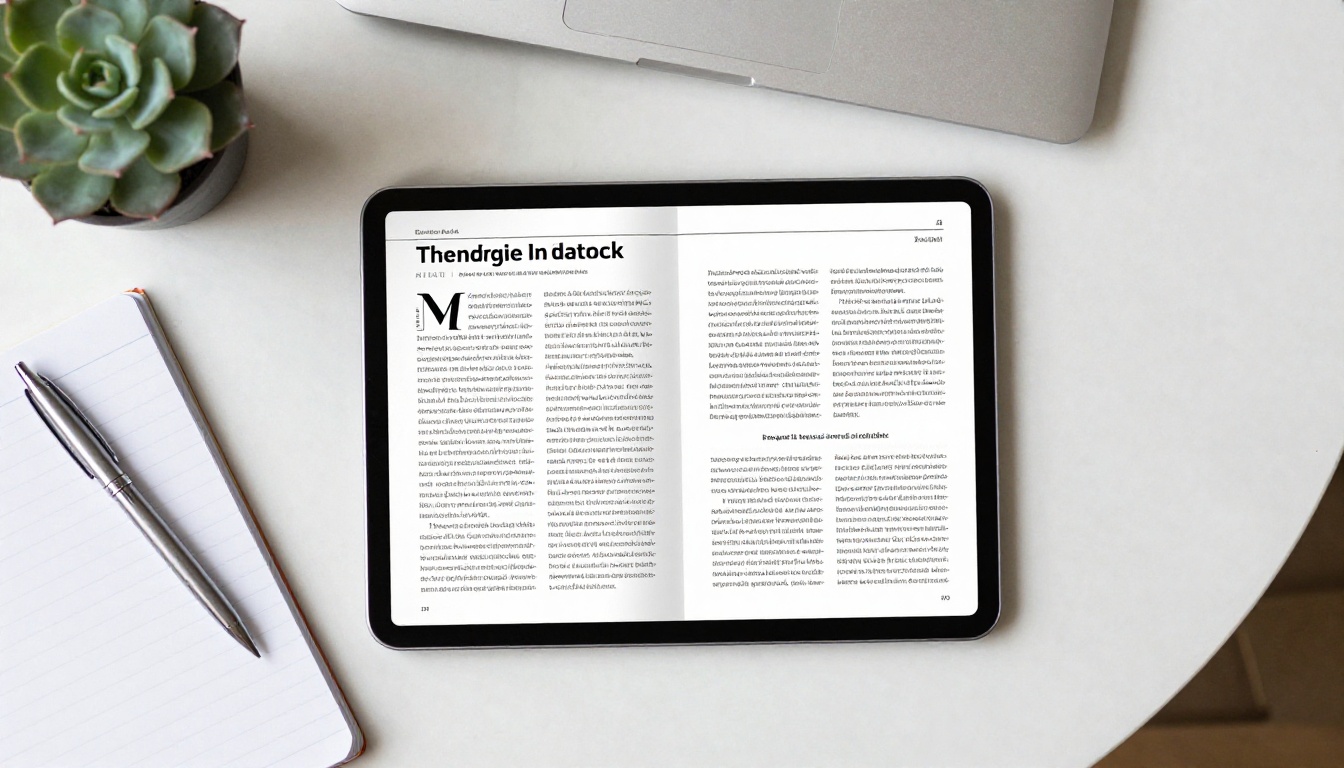 A tablet showing a page-turning digital report on a marble table A tablet showing a page-turning digital report on a marble table