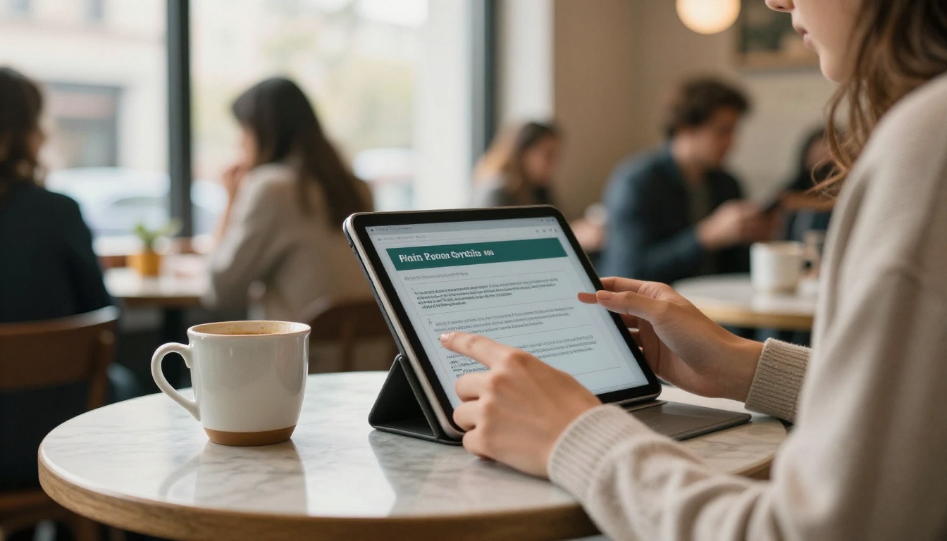 Investor reading a pitch deck on a tablet in a cafe
