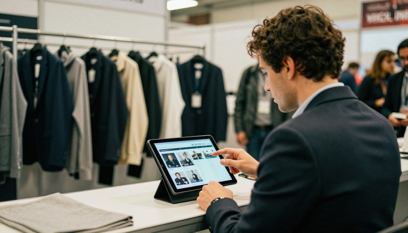 Wholesale buyer at a trade show booth reviewing a digital catalog on a tablet Wholesale buyer at a trade show booth reviewing a digital catalog on a tablet
