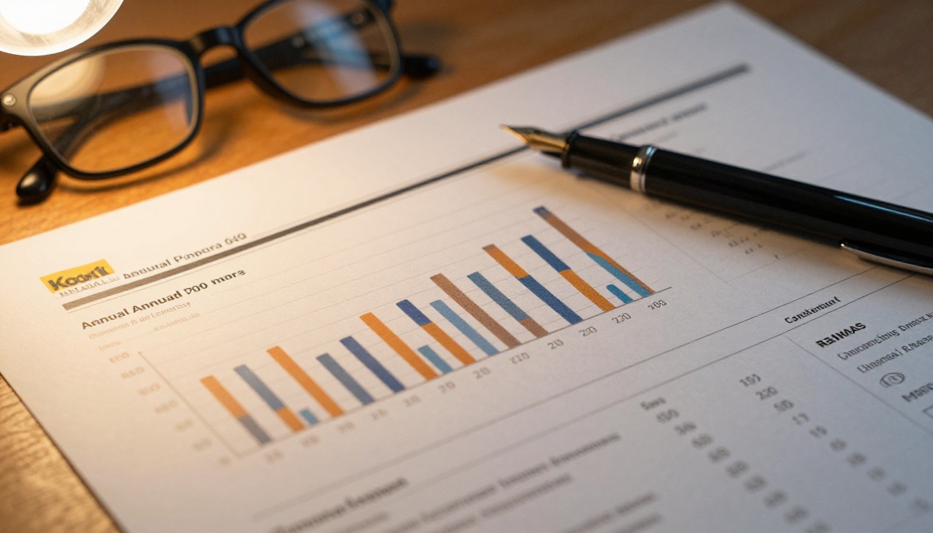 A printed annual report open on a desk beside reading glasses and a pen A printed annual report open on a desk beside reading glasses and a pen
