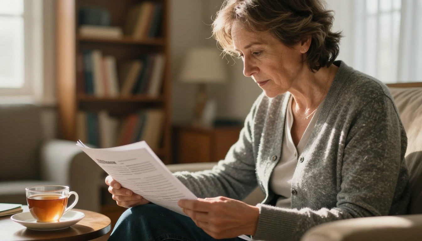 A donor reading a printed report in a sunlit living room A donor reading a printed report in a sunlit living room