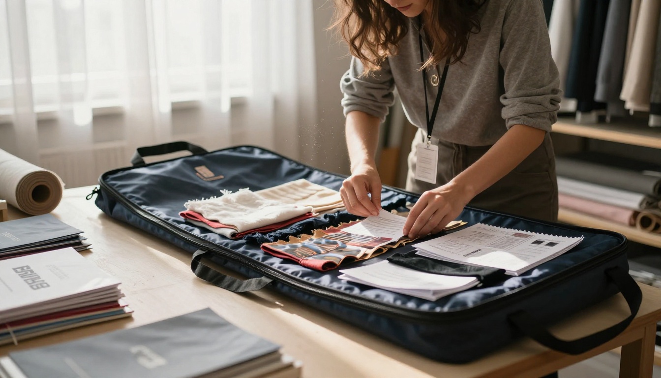 Fashion designer packing sample garments and printed sales materials in a sunlit atelier Fashion designer packing sample garments and printed sales materials in a sunlit atelier
