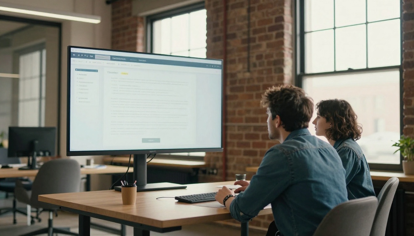 Cofounders reviewing a presentation on a large monitor