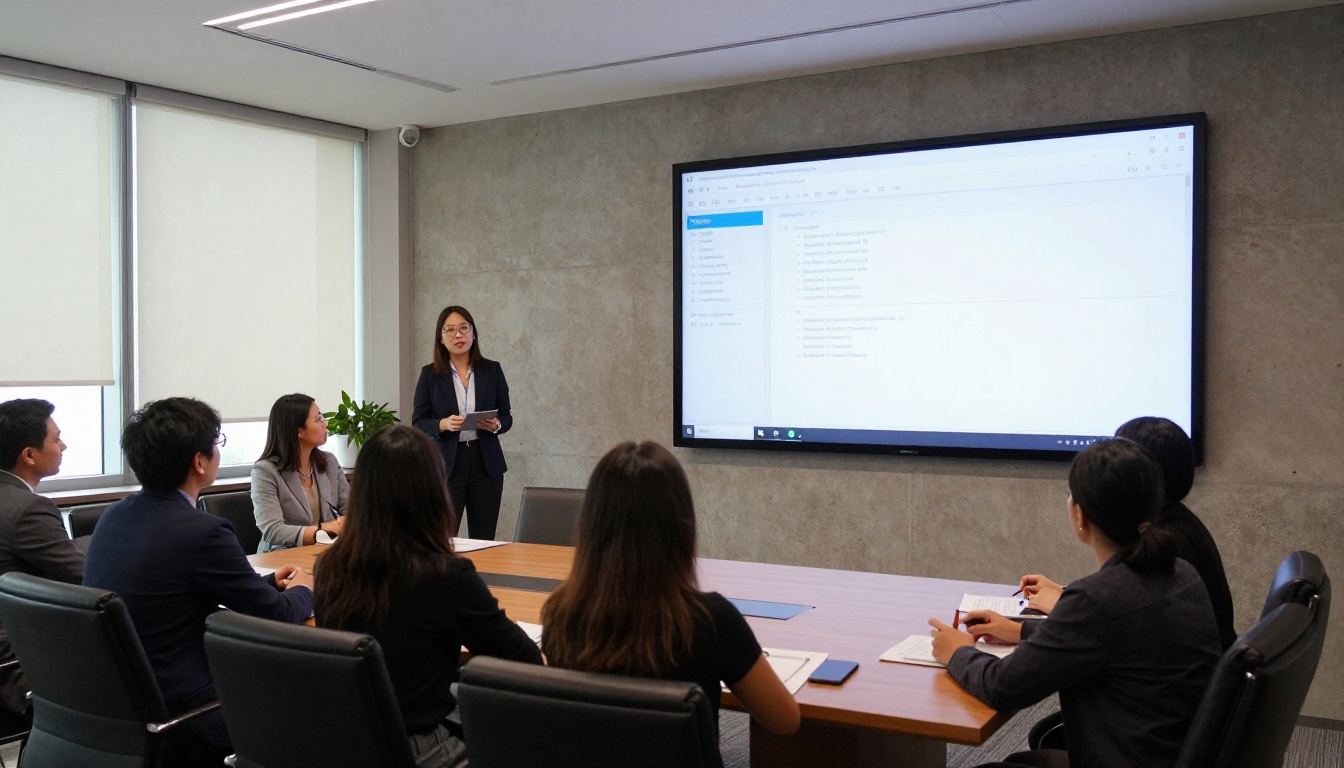 A manager presenting a report on a wall monitor in a meeting room A manager presenting a report on a wall monitor in a meeting room