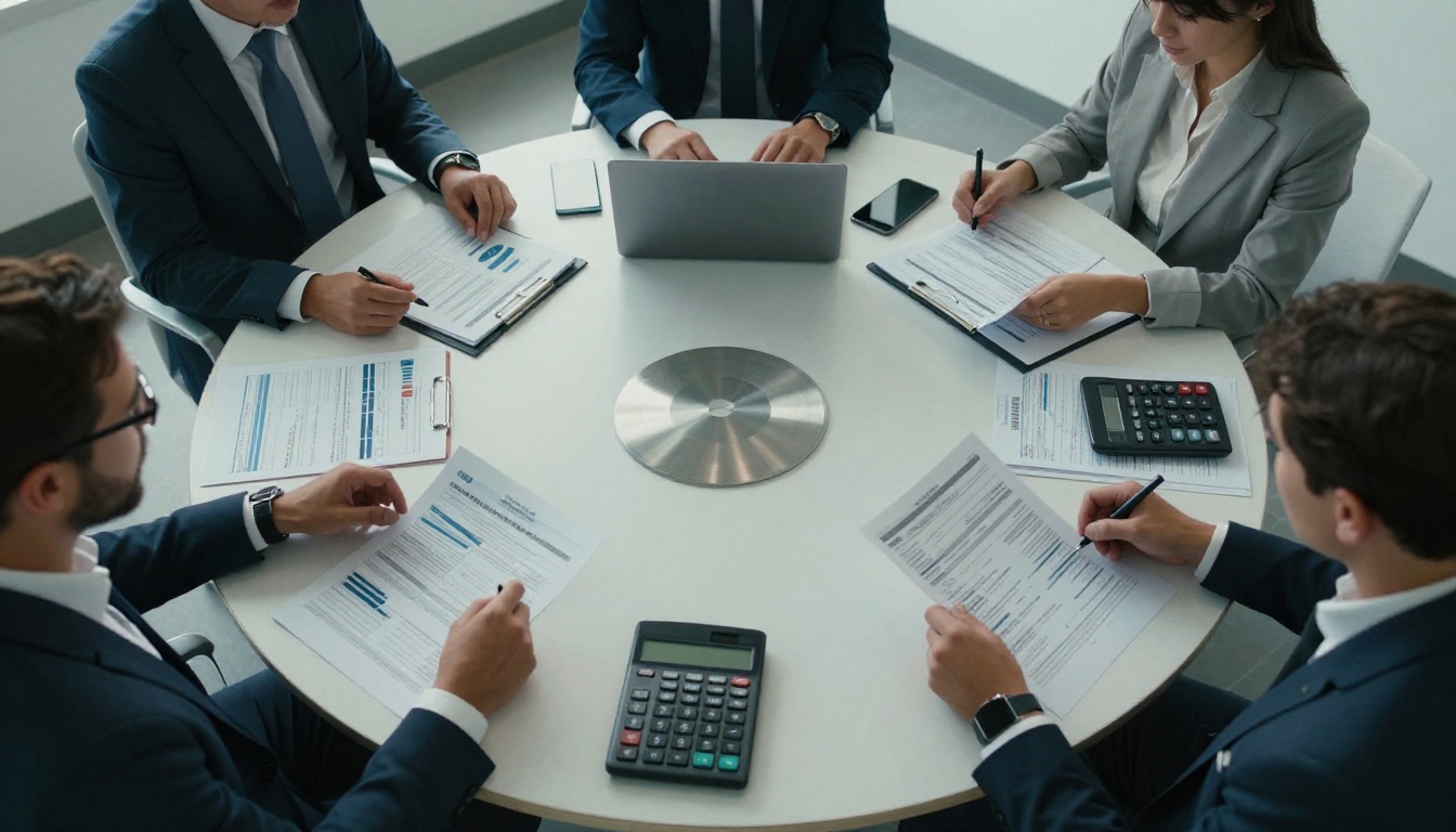 Finance team reviewing statements around a round table Finance team reviewing statements around a round table