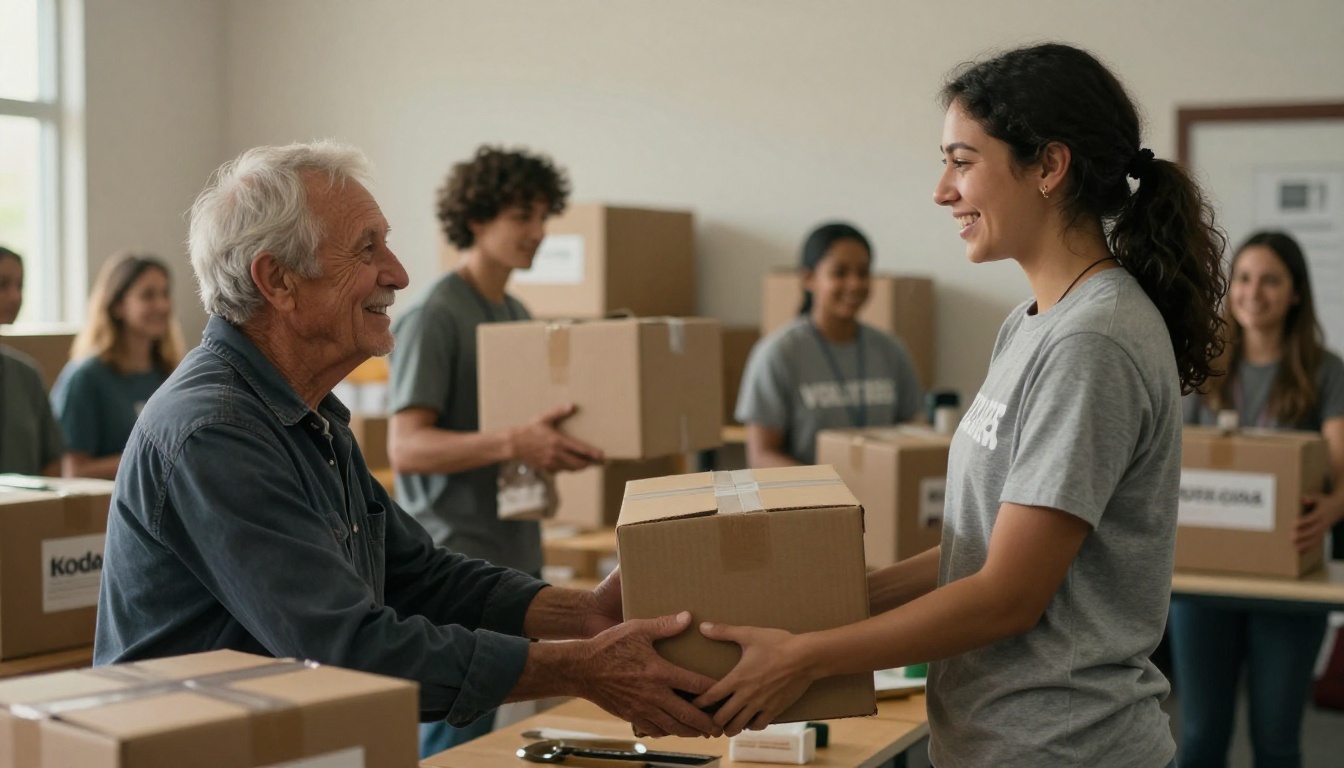 Volunteers handing out food boxes at a community center Volunteers handing out food boxes at a community center