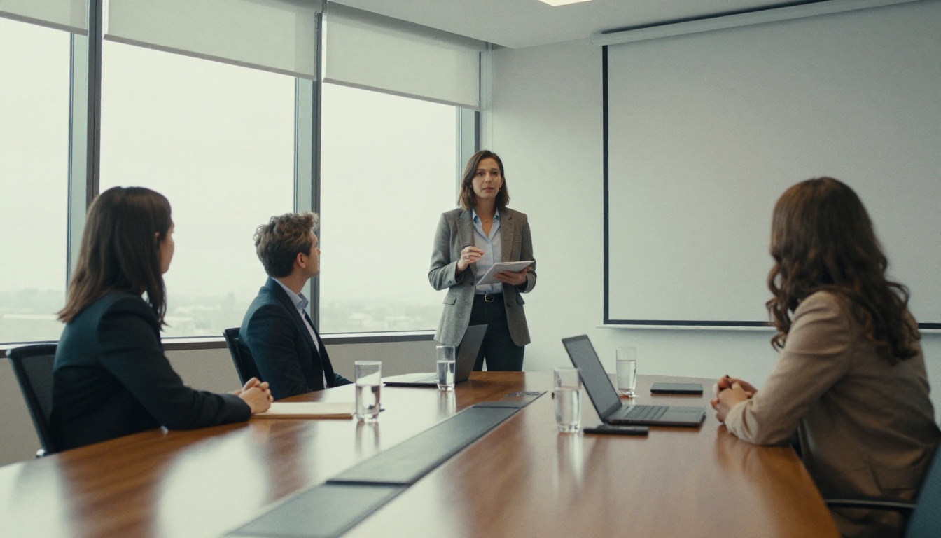 Woman presenting to investors in a conference room