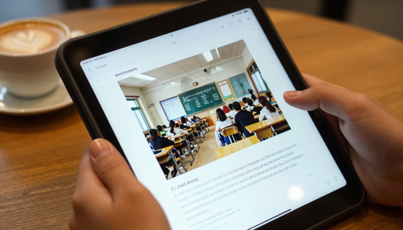 Hands holding a tablet showing a digital page-turning report Hands holding a tablet showing a digital page-turning report