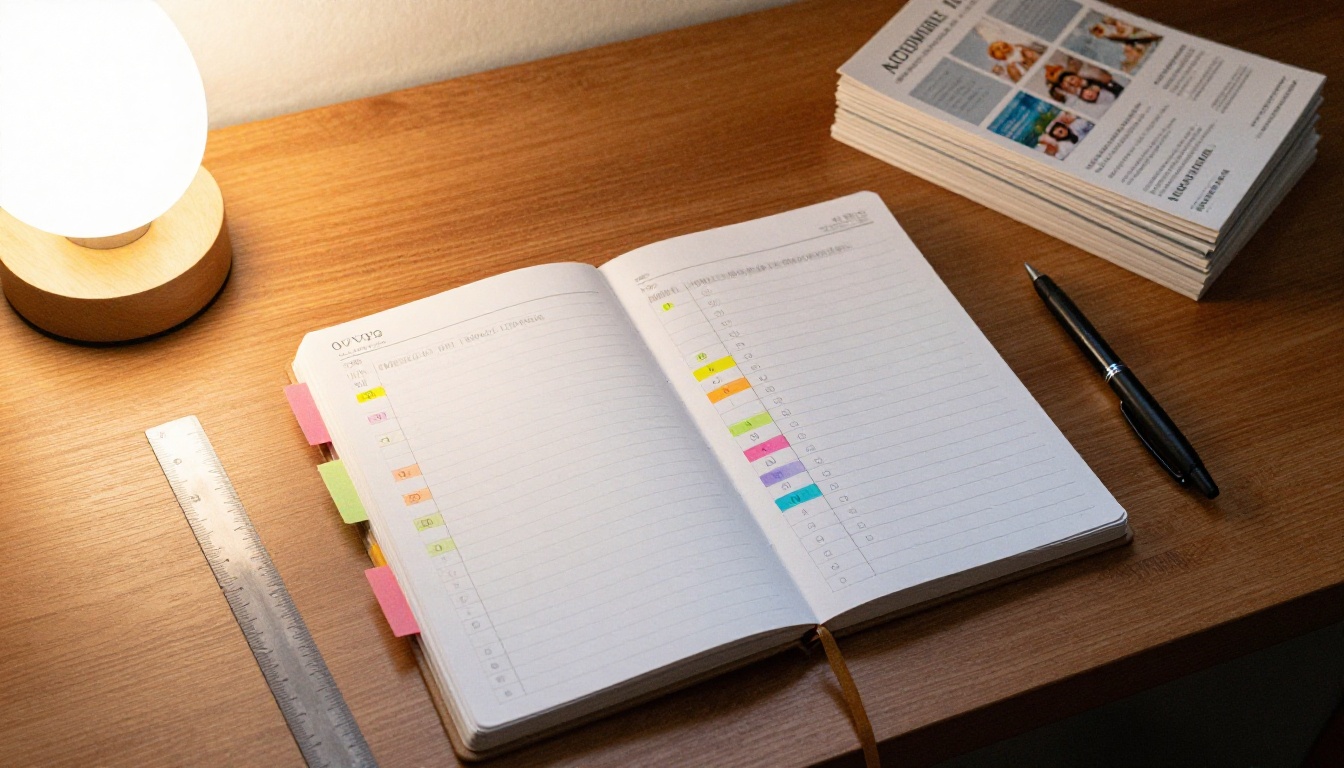 Overhead view of a planner desk with a line sheet, lookbook and catalog stacked together Overhead view of a planner desk with a line sheet, lookbook and catalog stacked together