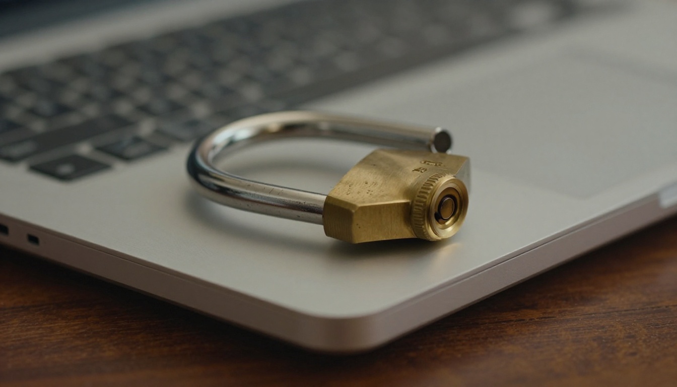 Brass padlock on a closed laptop