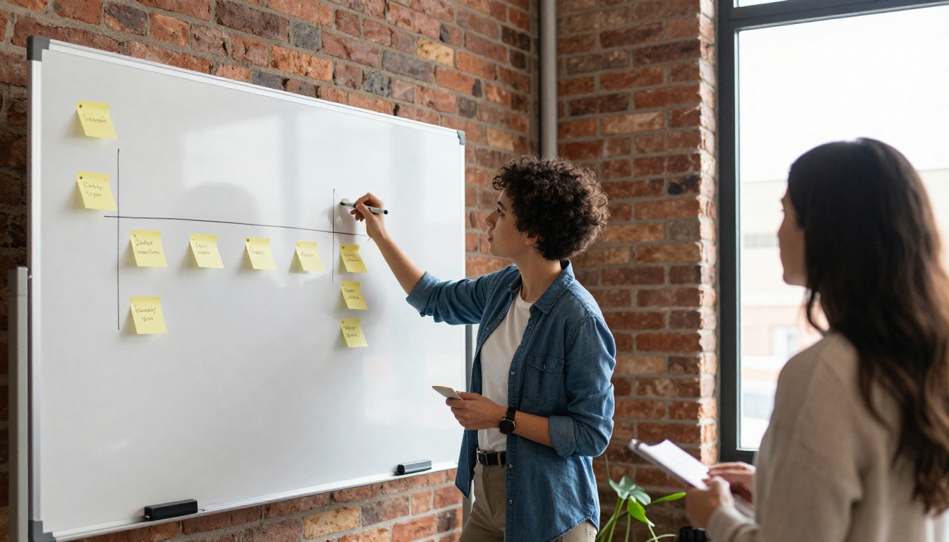 Nonprofit director planning a reporting timeline on a whiteboard Nonprofit director planning a reporting timeline on a whiteboard