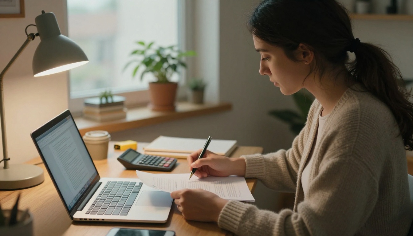 Home office with documents and a calculator