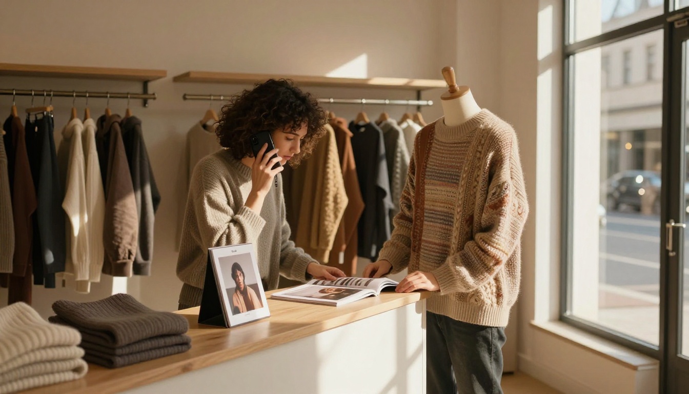 Boutique owner placing a wholesale order while browsing a printed catalog at the counter Boutique owner placing a wholesale order while browsing a printed catalog at the counter