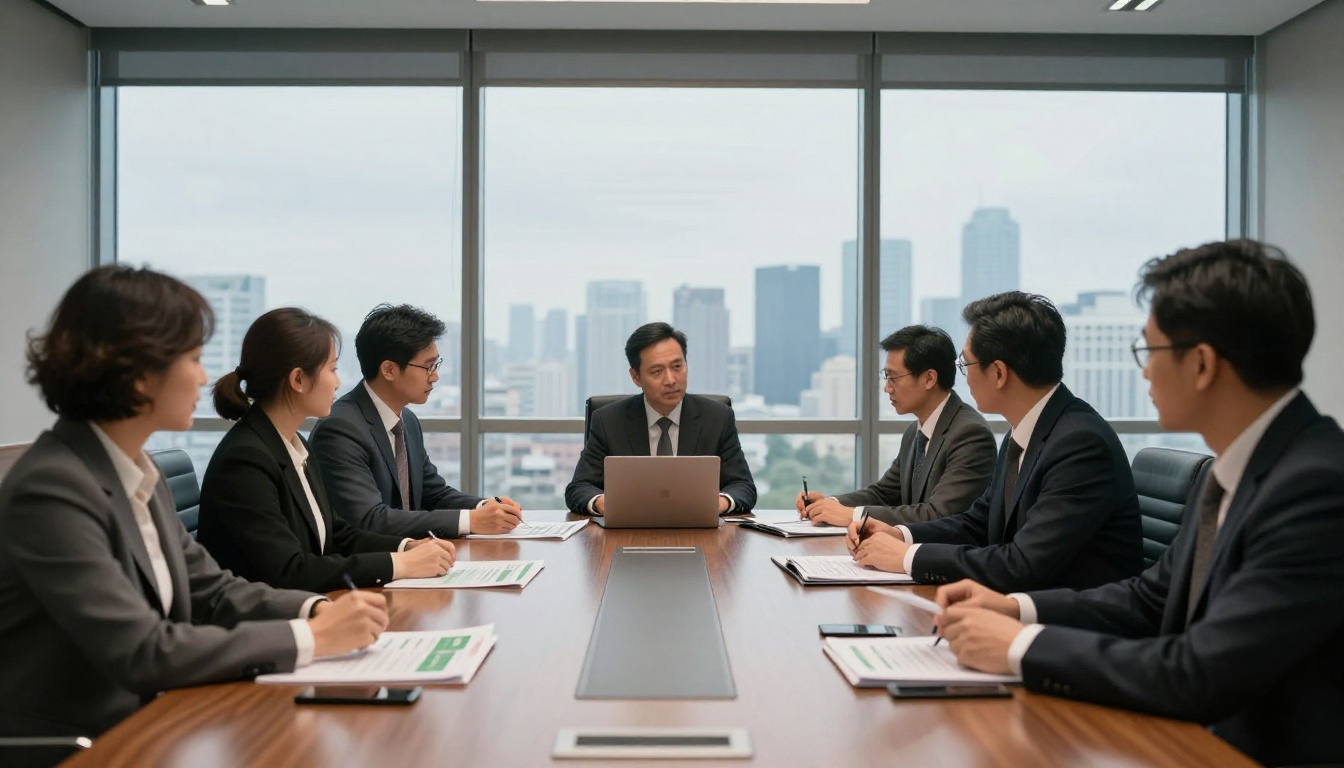 Executives reviewing printed reports in a corporate boardroom Executives reviewing printed reports in a corporate boardroom