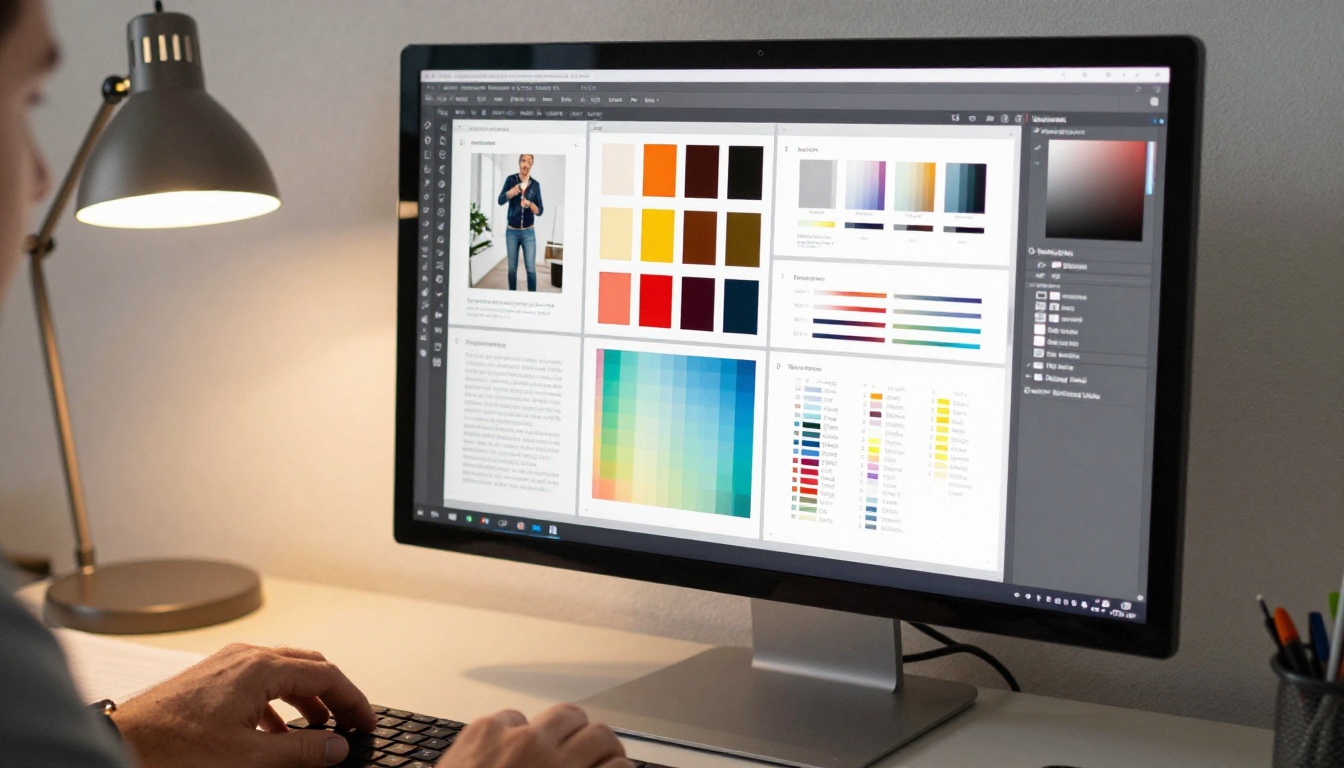 Graphic designer laying out a photo-heavy report on a monitor Graphic designer laying out a photo-heavy report on a monitor