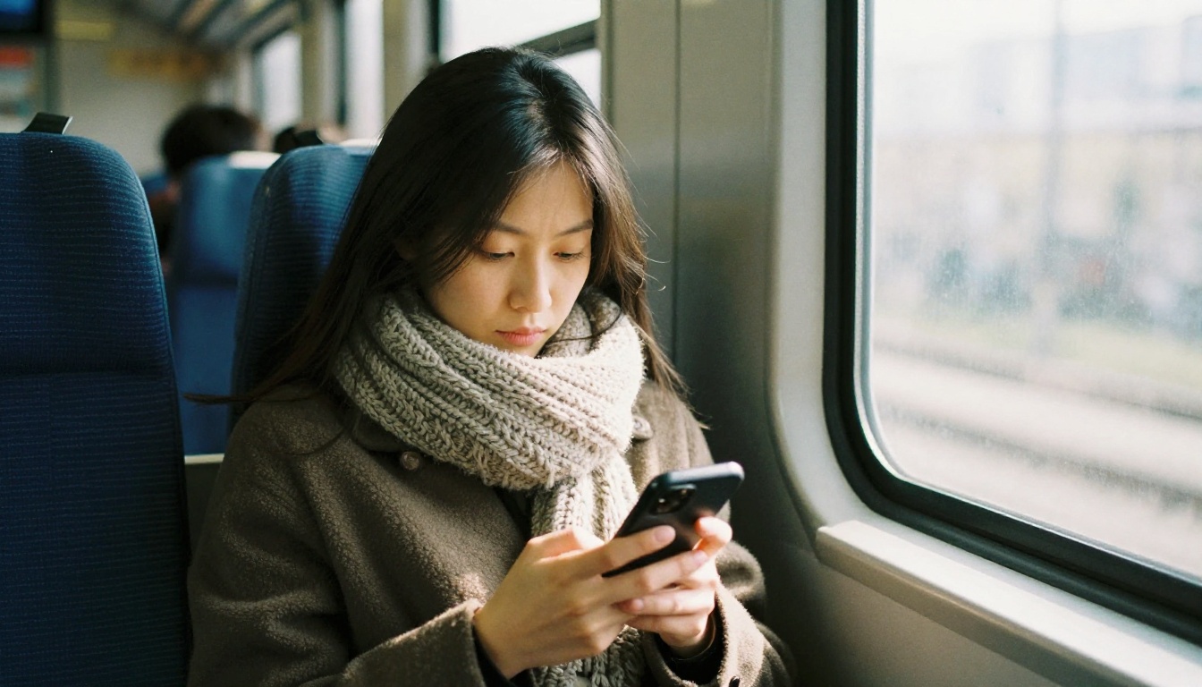 A woman reading a document on her smartphone on a train A woman reading a document on her smartphone on a train