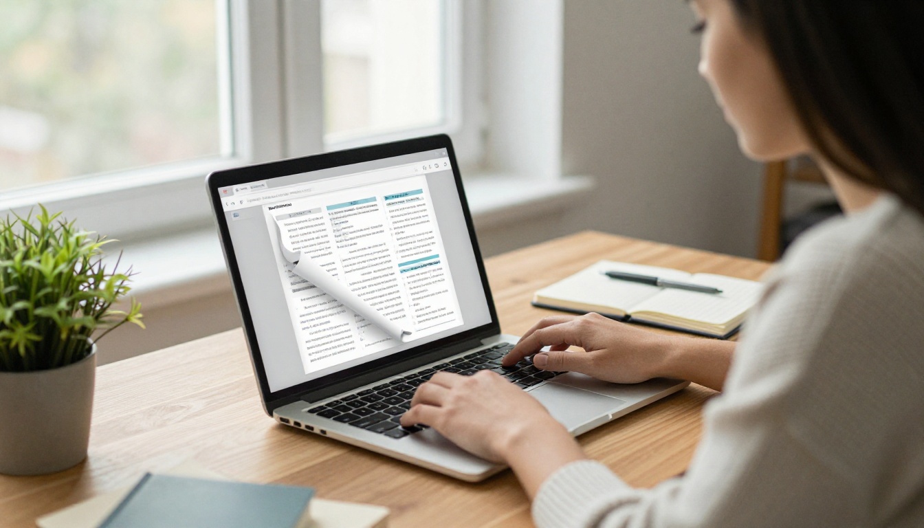 Over-the-shoulder view of someone reviewing a flipbook report on a laptop Over-the-shoulder view of someone reviewing a flipbook report on a laptop