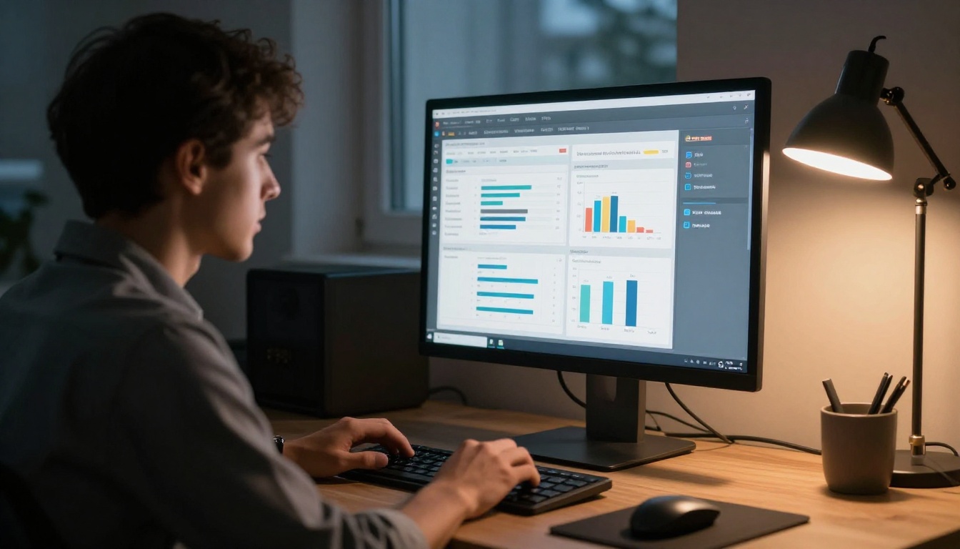 An analyst reviewing a statistics dashboard at a desk An analyst reviewing a statistics dashboard at a desk