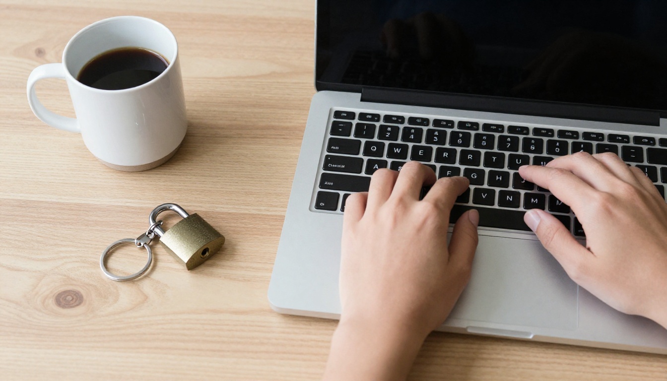 Hands typing an email with a report link beside a coffee mug Hands typing an email with a report link beside a coffee mug