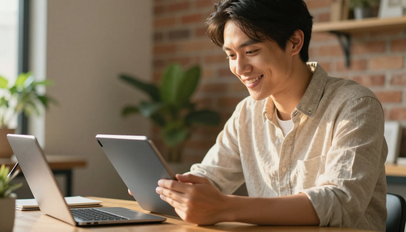 An entrepreneur happily reviewing a digital report on a tablet An entrepreneur happily reviewing a digital report on a tablet
