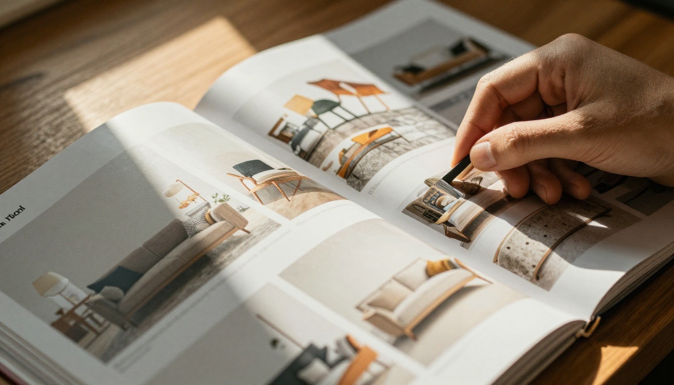 A hand flipping through a thick printed furniture catalog on a walnut desk