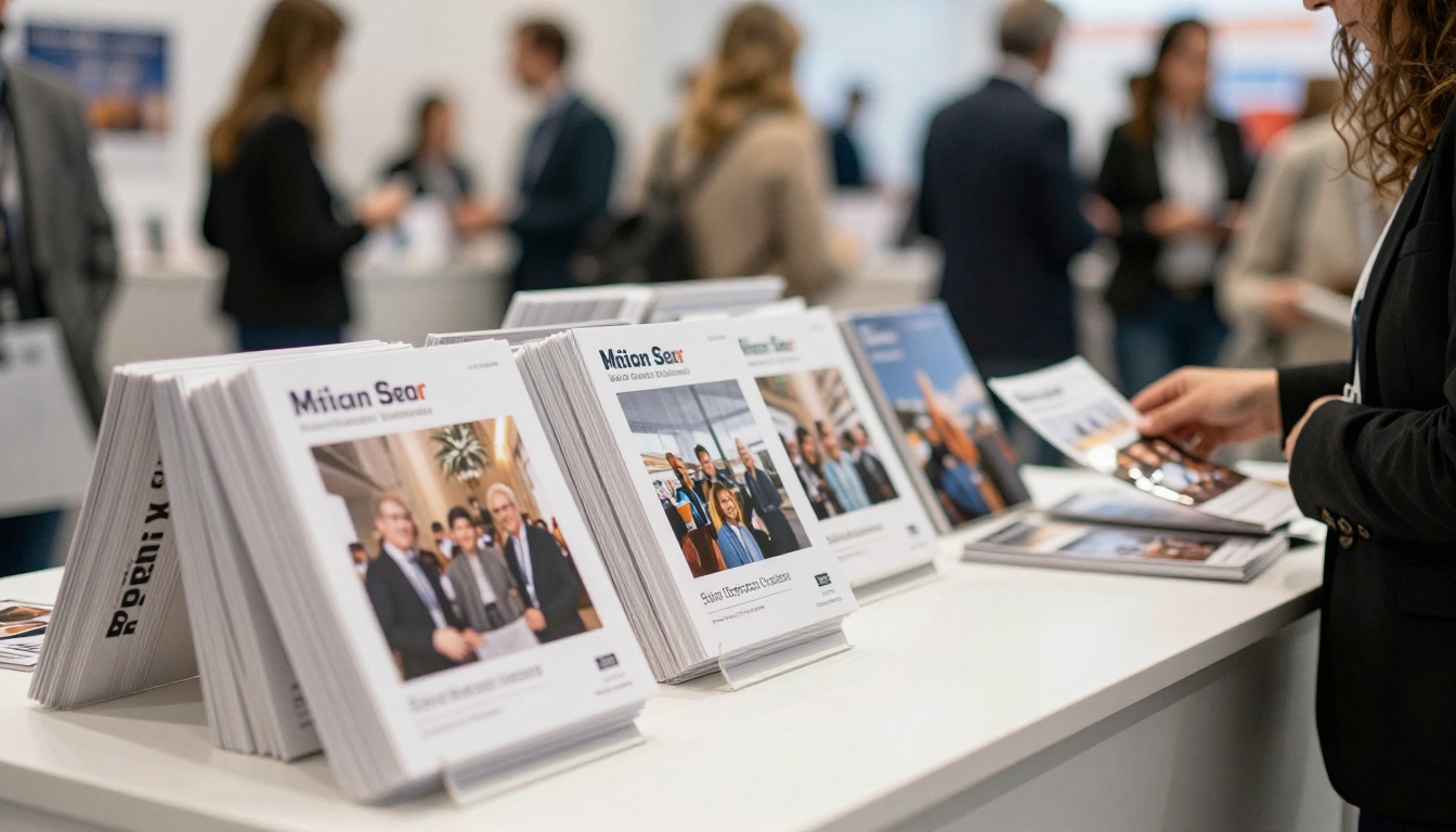 A trade show booth with stacks of printed catalogs on a white counter