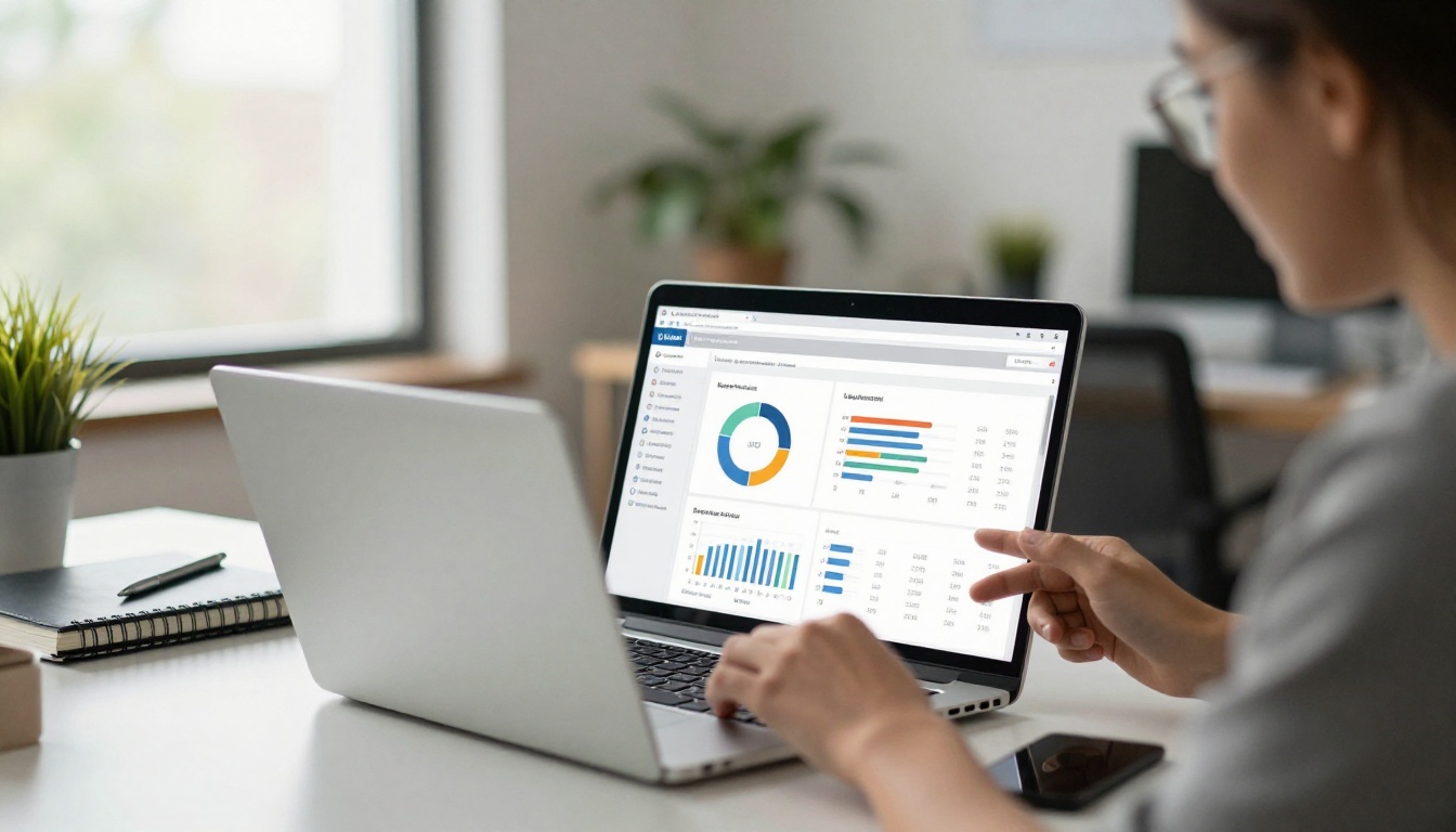 A sales rep reviewing a digital catalog analytics screen on a laptop
